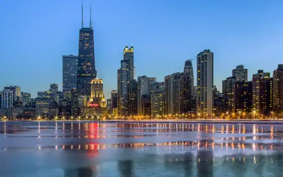 chicago, вечер, город, небоскребы, огни, winter, сша, панорамма, широкоформатные, 