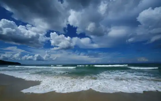 небо, облака, песок, волны, тучи, море, берег, океан, природа, вода, пляж, 