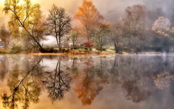 река, деревья, листва, берег, осень, картинка, картинку, 