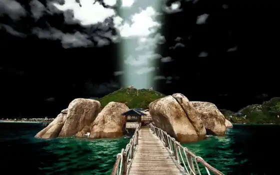 ,море, остров, скалы, мост,
