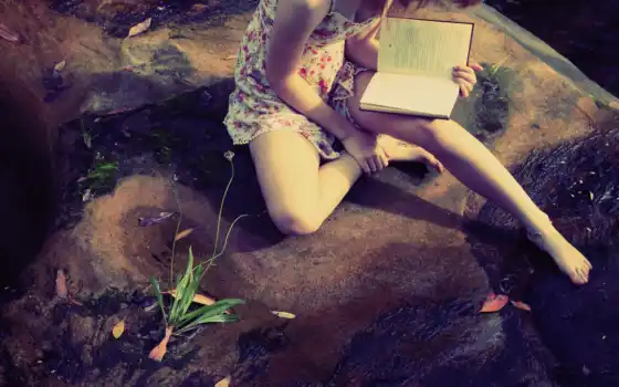 девушка, книга, читает, книги, ноги, сидит, модель, дерево, камень, довольно, картинка, 