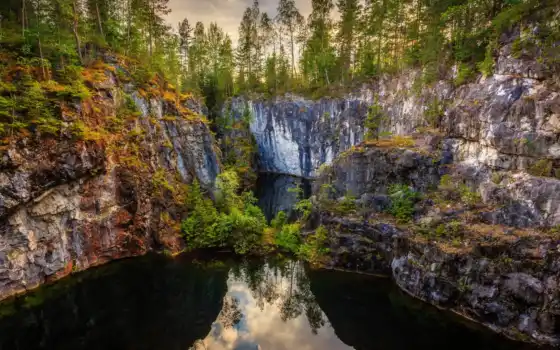 грититтан, дерево, Швеция, каньон, природа, вода, скала, обои с изображением, пасти, водопад