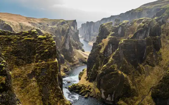природа, река, зеленый, пейзаж, Исландия