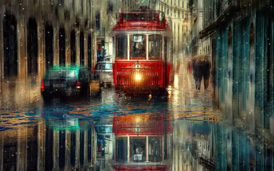 дождь, трамвай, город