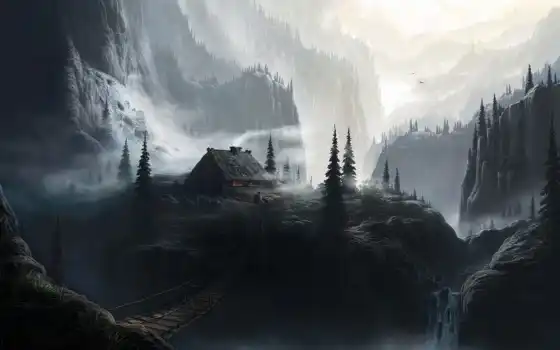 лес, гора, туман, мост