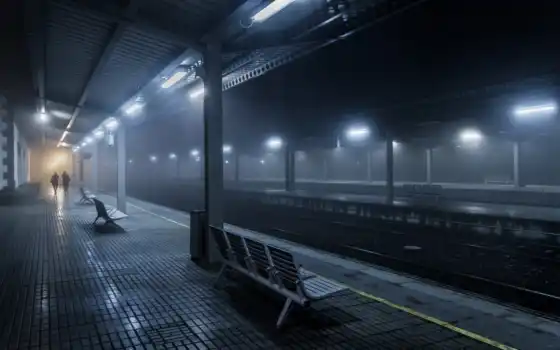 поезд, ночь, станция