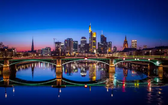 frankfurt, widescreen, night, windows, skyline, мост