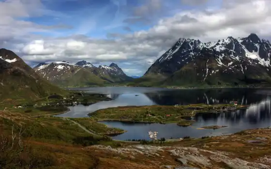 горы, норвежское, река, озеро, ос, реки, горные норвеги, остров, природа,