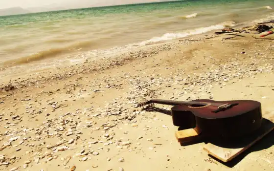 гитара, пляж, романтика, побережье, камень, песок