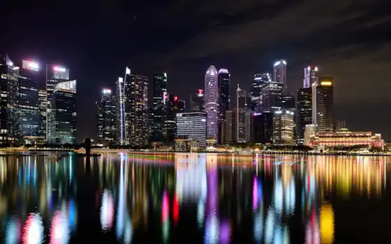 сингапур, город, ночь, городской, деловой, марина, залив