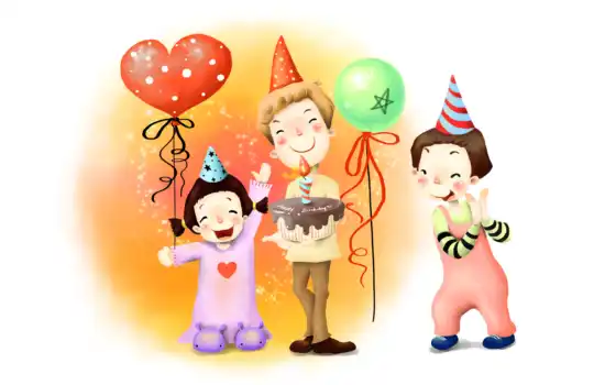 нарисованные, дети, конус, день рождения, шарики, апплодисменты, звёздочки, торт, свеча