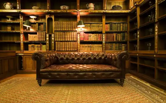 книги, стеллажи, книг, библиотека, кожаный, стеллаж, интерьер, лампы, диван, старинный, 