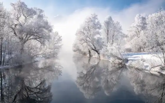 зима, река, германия, древесина, звучание, бавар, жизнь, утренний, штыр, пейзаж
