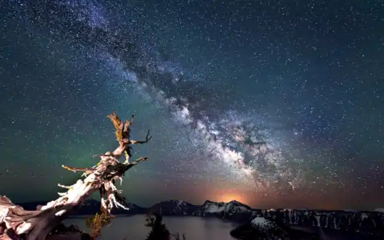 озеро, Орегон, кратер, небо, национальный, парк, путь, ночь, младший