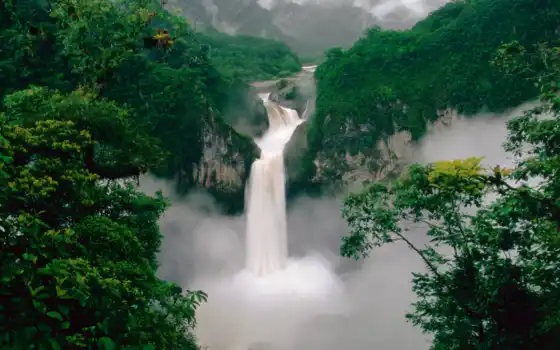 водопад, горы, лес, река, эквадор, 
