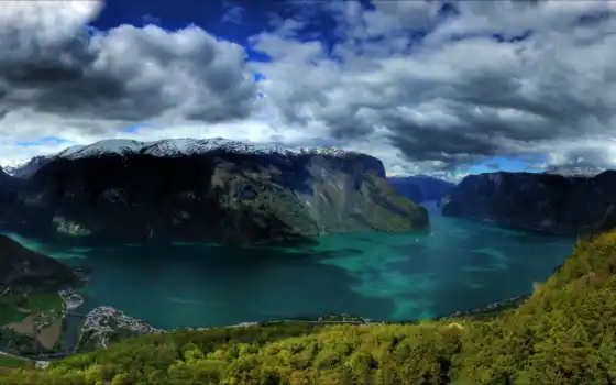 фьорд, норвежское небо, горы, соленое, облака, озеро,