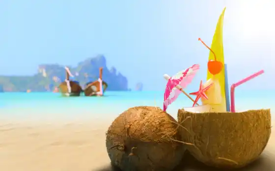 пляж, море, напиток, песок, кокосовый, коктейль, 