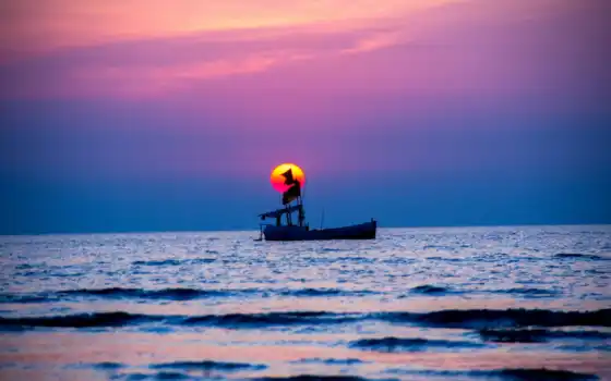 закат, море, лодка, спокойствие