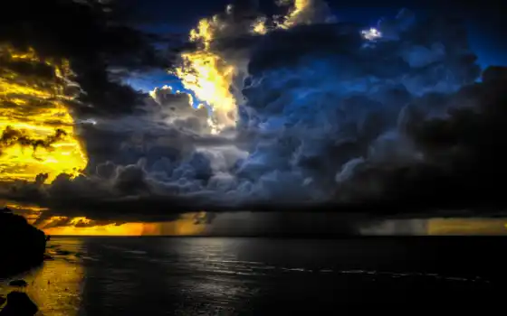 небо, облака, закат, океан, бали, индонезия, большая, великолепная, спокойная, золото, картинки, скачать, pecatu, море,
