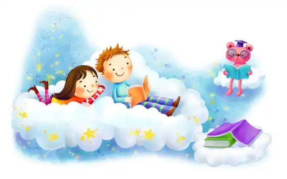 нарисованные, дети, девочка, мальчик, медвежонок, очки, книги, облака, звёздочки