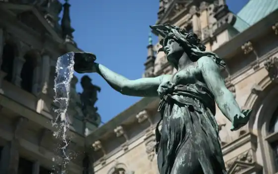 hd, женщина, широкоформатные, вода, статуя, германия, фонтан, 