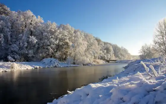 зима, пейзаж, любимый река, красоты, деревья,