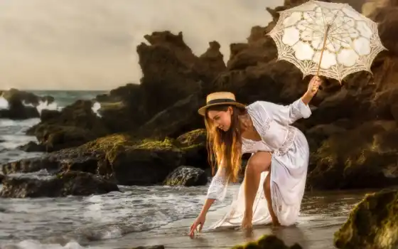девушка, море, побережье, платье, поза, зонтик