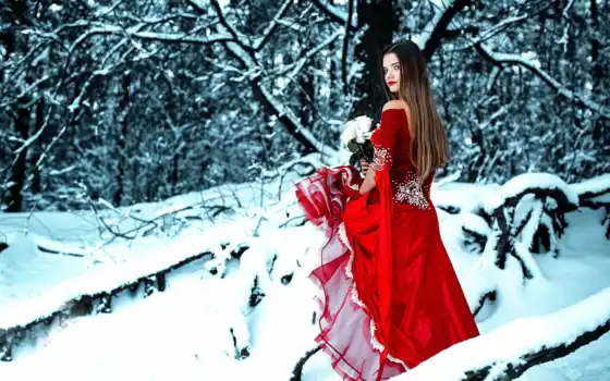 зима, лес, девушка, снег