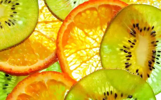 фрукты, апельсины, киви, еда, сочные, оранжевый, красивые, высоком, 