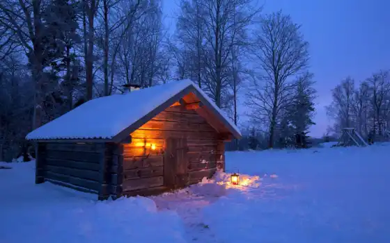 лес, зима, дом, снег, пейзаж, деревянная ложа, сладкая, свет