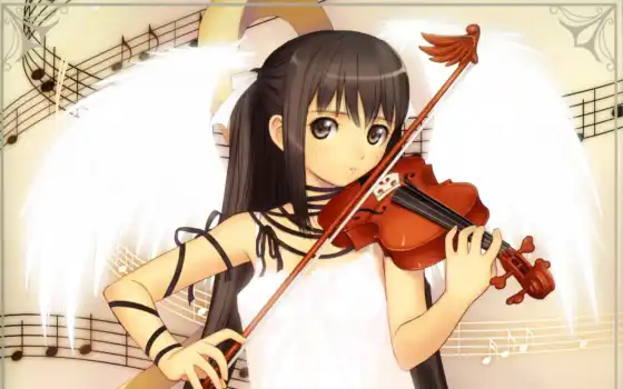 tony, taka, аниме, hair, music, violin, brown, girl, long, wings, ribbons, eyes, dress, twintails, скрипачка, que, instruments, brunettes, violins, artist, 