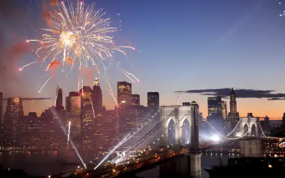 салют, new, fireworks, американский, york, нью, usa, бруклин, мост, 