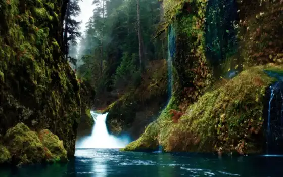природа, картинка, лес, река, водопад, ущелье, горах, 