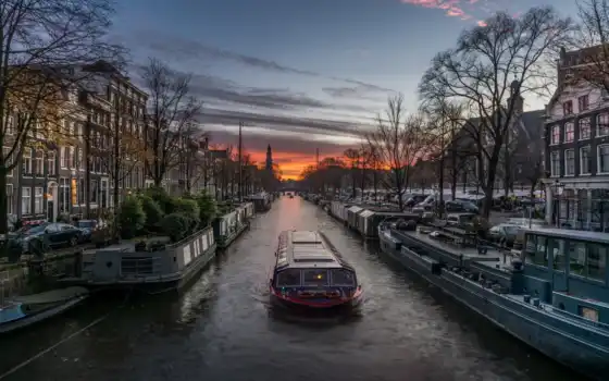 canal, нидерланды, amsterdam, город, house, лодка, even