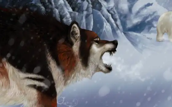 white, animal, медведь, арта, снег, волк, winter