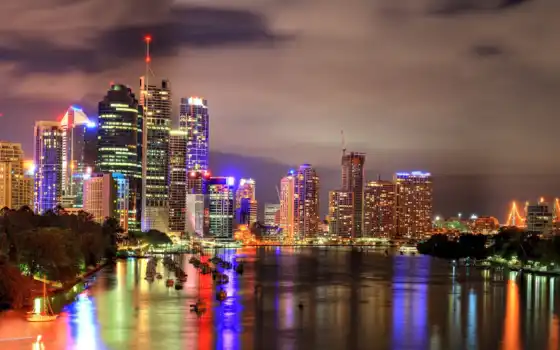 городской пейзаж, город, Брисбен, ночь, Австралия, пойнт