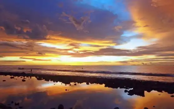 пляж, закат, отражение, природа, фон, фото