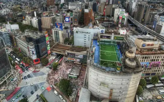tokio, дома, мегаполис, футбольное, поле, japanese, города, крыши, дорога, картинка, толпы, 