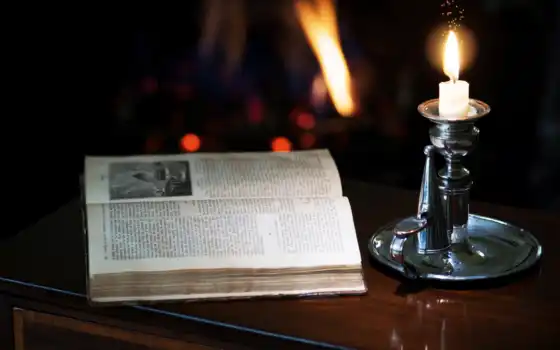 свеча, тумбочка, книга, подсвечник, 