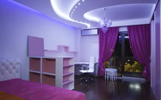 purple, bedroom, geometric, натяжные, ceiling, design, кресло, шторы, комната, постель, люстра, потолки, окно, 