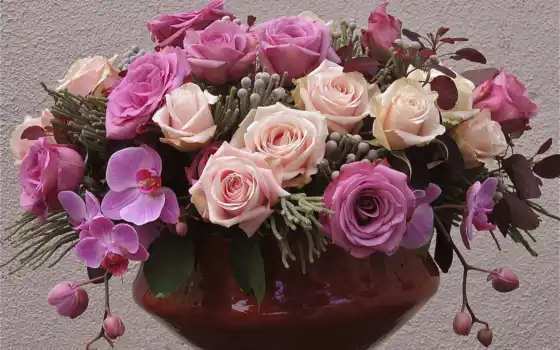 орхидеи, цветы, розы, ваза, фиолетовый, 