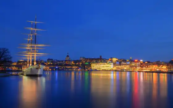 stockholm, город, ночь, skeppsholmen, огни, желанию, 