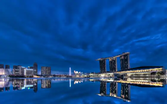bay, gardens, singapore, ночь, architecture, skyscrapers, blue, огни, небо, город, 