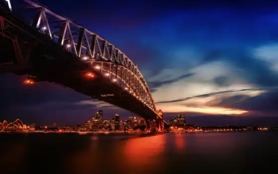 sydney, мост, гавань, огни, австралия, ночь, bay, оперный, театр