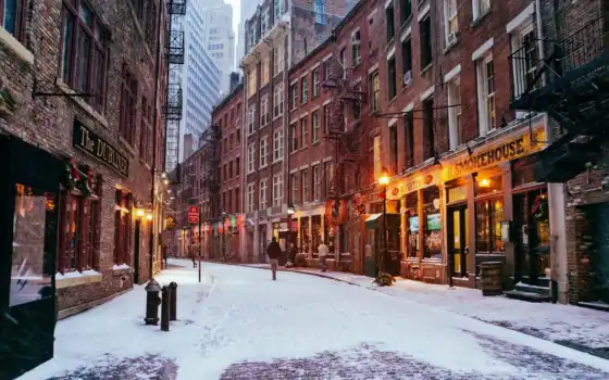 улица, york, new, usa, картинка, зимняя, город, district, 