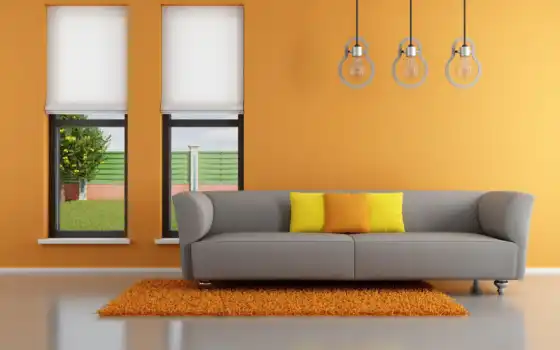 design, интерьер, оранжевый, stylish, minimalist, диван, картинка, living, комната, ковёр, 