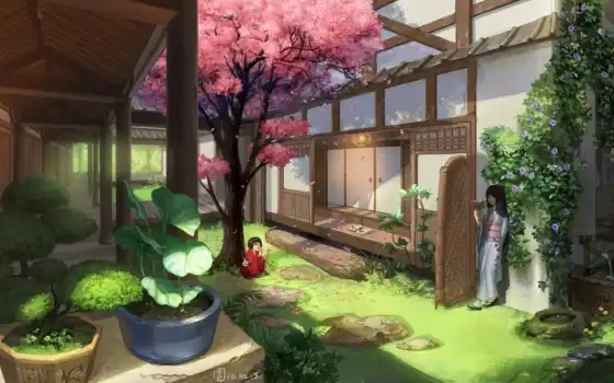 house, anime, art, Сакура, asian, garden, девочки, кимоно, mugon, картинку, bonsai, 