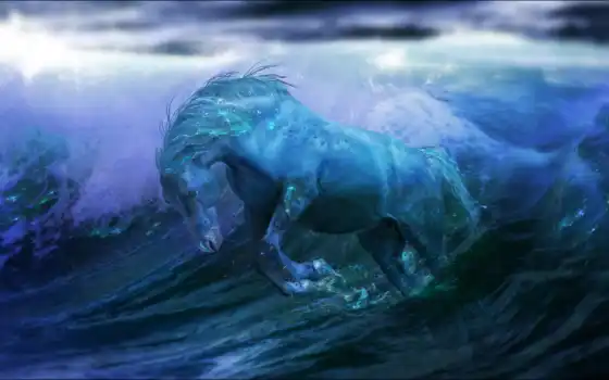 лошадь, вода, океан, фантастика, волны, картинка, картинку, 