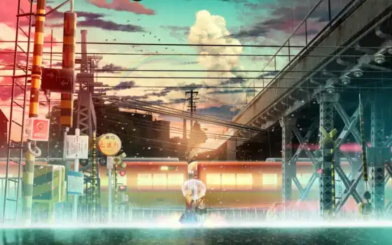 anime, поезд, scenery, девушка, фон, line