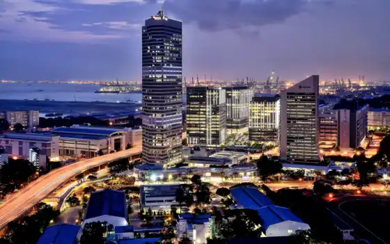 singapore, город, порт, после, огни, заката, 